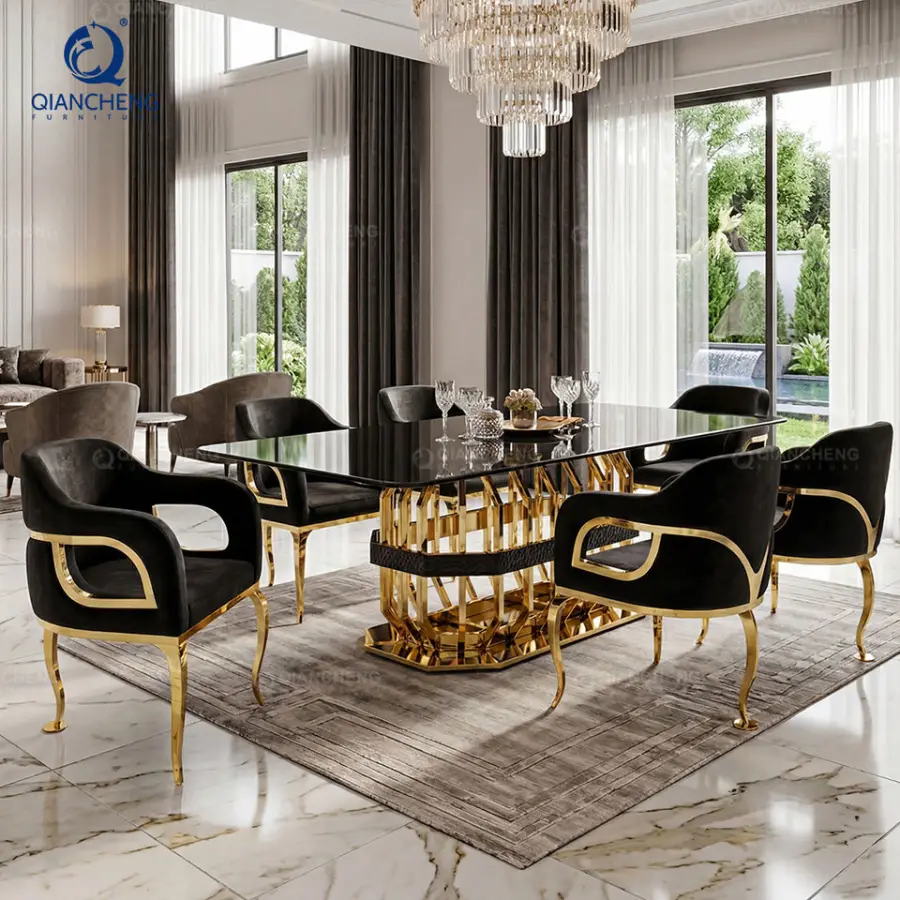 QIANCHENG Home Furniture Factory Ss Steel Supplier Black Tempered Glass Top Contemporary Dining Room Table Sets — image 4