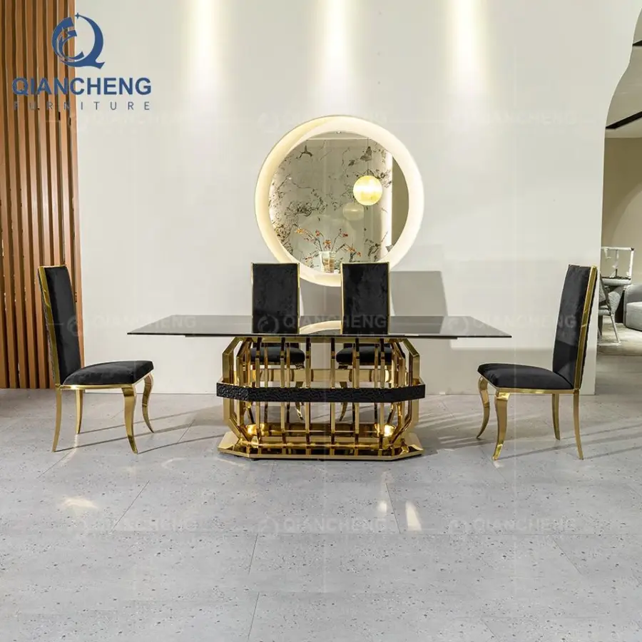 QIANCHENG Home Furniture Factory Ss Steel Supplier Black Tempered Glass Top Contemporary Dining Room Table Sets — image 5