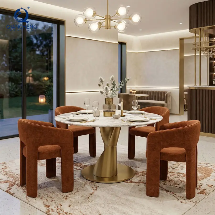 Luxury Wedding Restaurant Dinning Room Tables and Chairs Set Gold Stainless Steel Base White Marble Dining Table for Hot — view 1