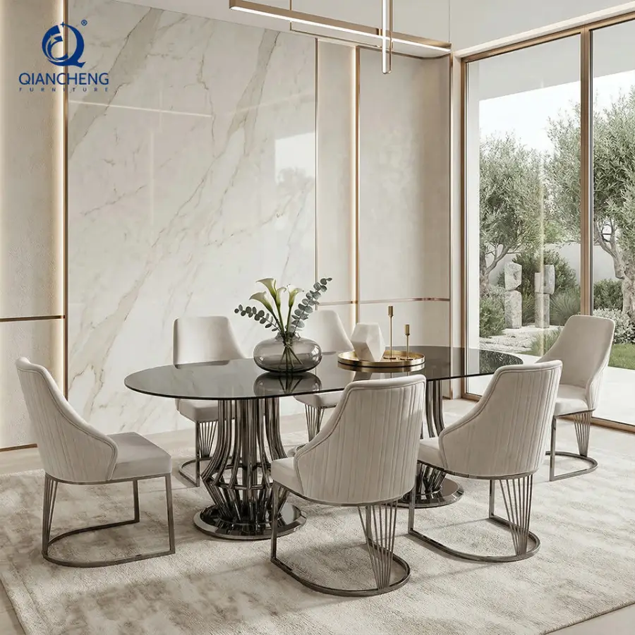 Factory Direct Dining Room Furniture Transparent Oval Shape Design Glass Dining Table with Black Metal — image 4