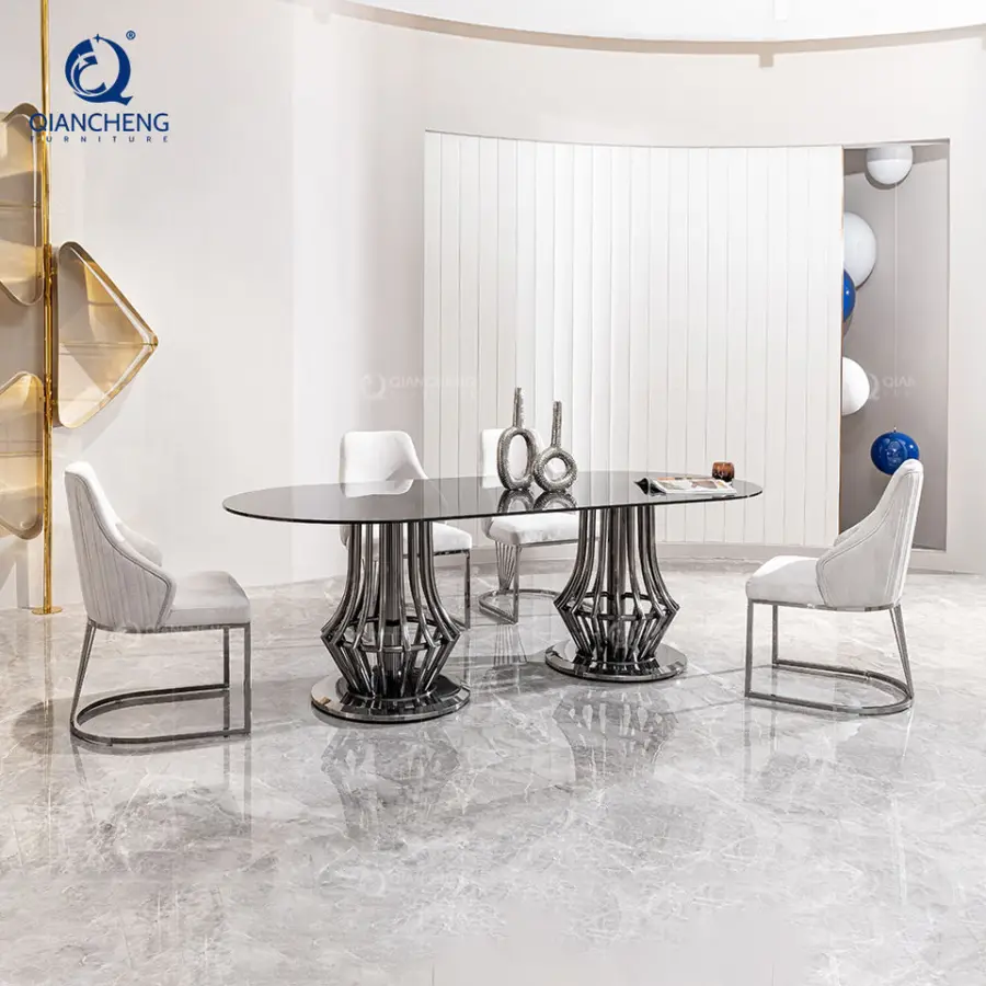 Factory Direct Dining Room Furniture Transparent Oval Shape Design Glass Dining Table with Black Metal — image 6