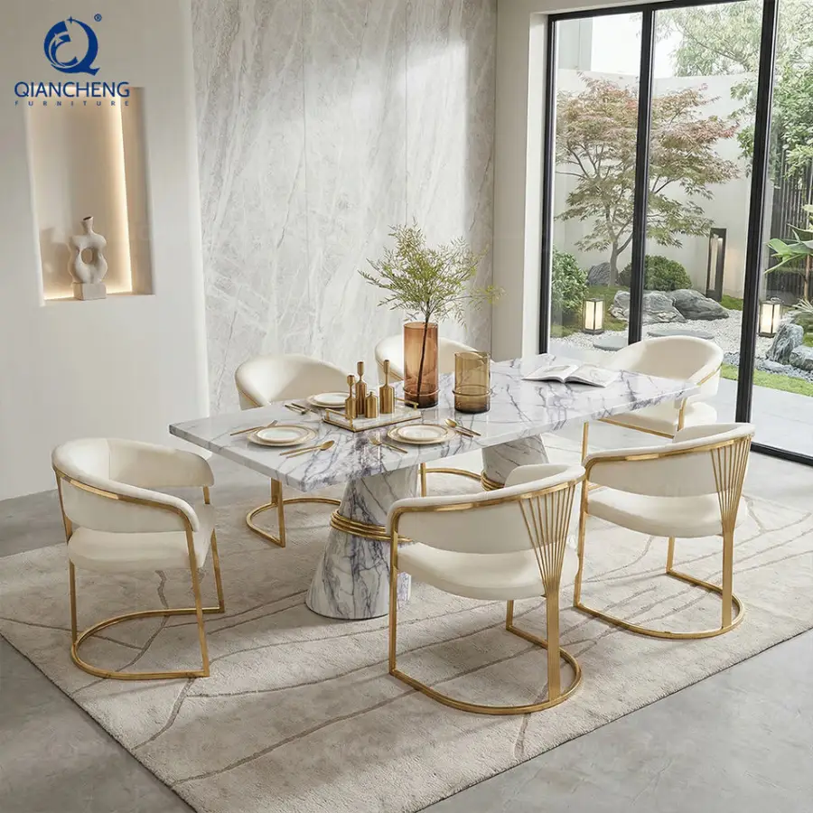 QIANCHENG Marble Stickers Stainless Steel Base China Manufacturer Kitchen Sintered Stone Marble Dining Table — view 1