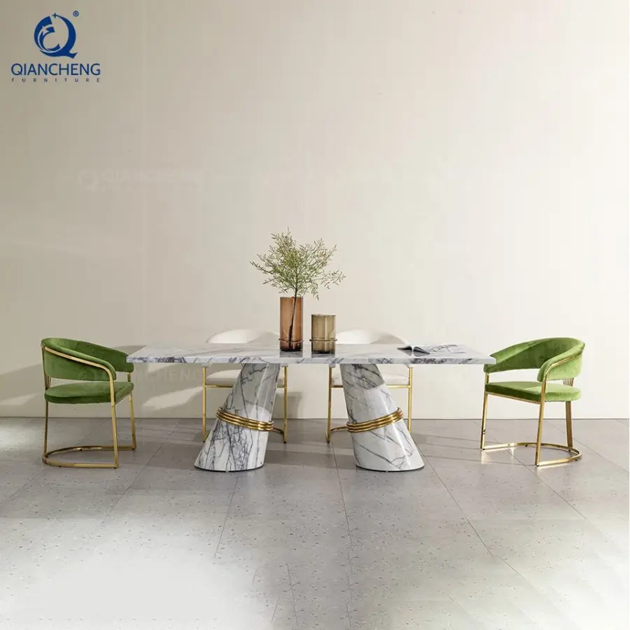 QIANCHENG Marble Stickers Stainless Steel Base China Manufacturer Kitchen Sintered Stone Marble Dining Table — image 3