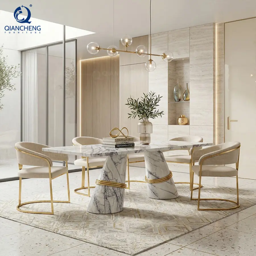 QIANCHENG Marble Stickers Stainless Steel Base China Manufacturer Kitchen Sintered Stone Marble Dining Table — image 4