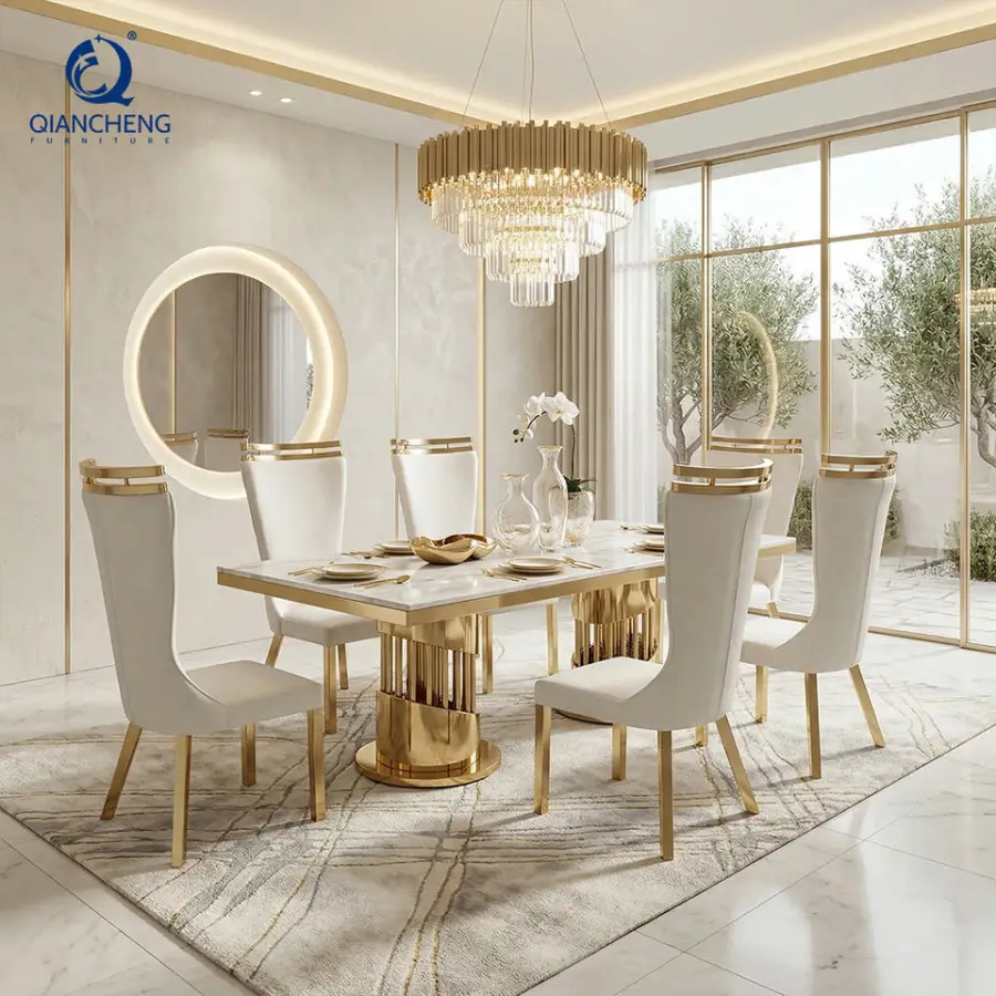 OEM China Furniture Creative Luxury Large Marble Dining Dining Table Sets With Stainless Steel Base — view 1