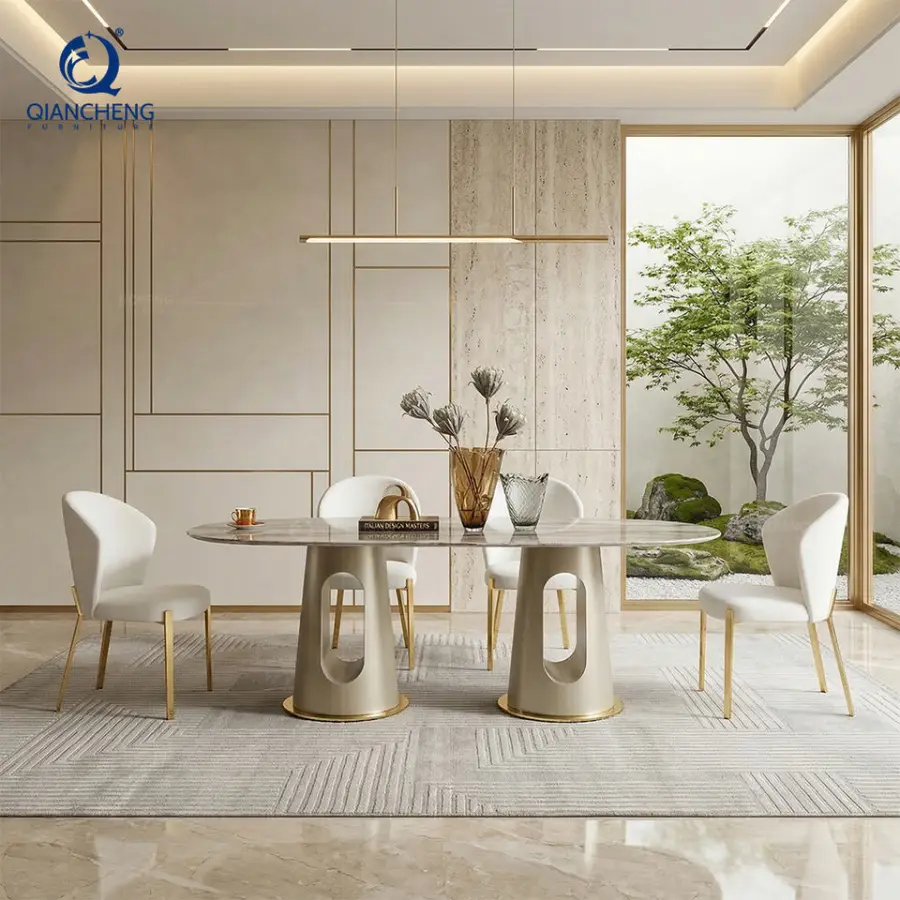 Wholesale Nordic White Marble Top Stainless Steel Dining Table Restaurant Luxury Gold Dining 4 Chairs and Tables Set — view 1