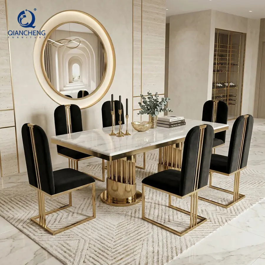 OEM China Furniture Creative Luxury Large Marble Dining Dining Table Sets With Stainless Steel Base — image 3