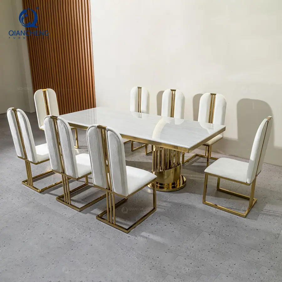 OEM China Furniture Creative Luxury Large Marble Dining Dining Table Sets With Stainless Steel Base — image 4