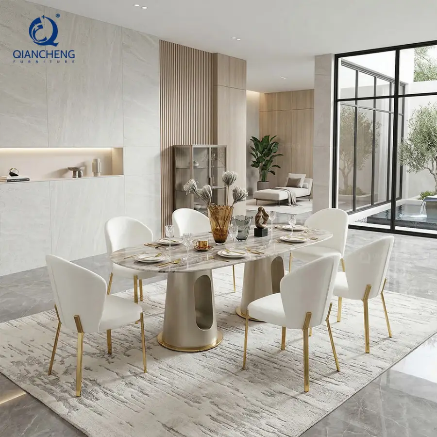 Wholesale Nordic White Marble Top Stainless Steel Dining Table Restaurant Luxury Gold Dining 4 Chairs and Tables Set — image 3