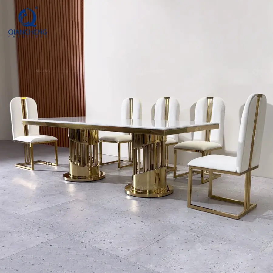 OEM China Furniture Creative Luxury Large Marble Dining Dining Table Sets With Stainless Steel Base — image 5