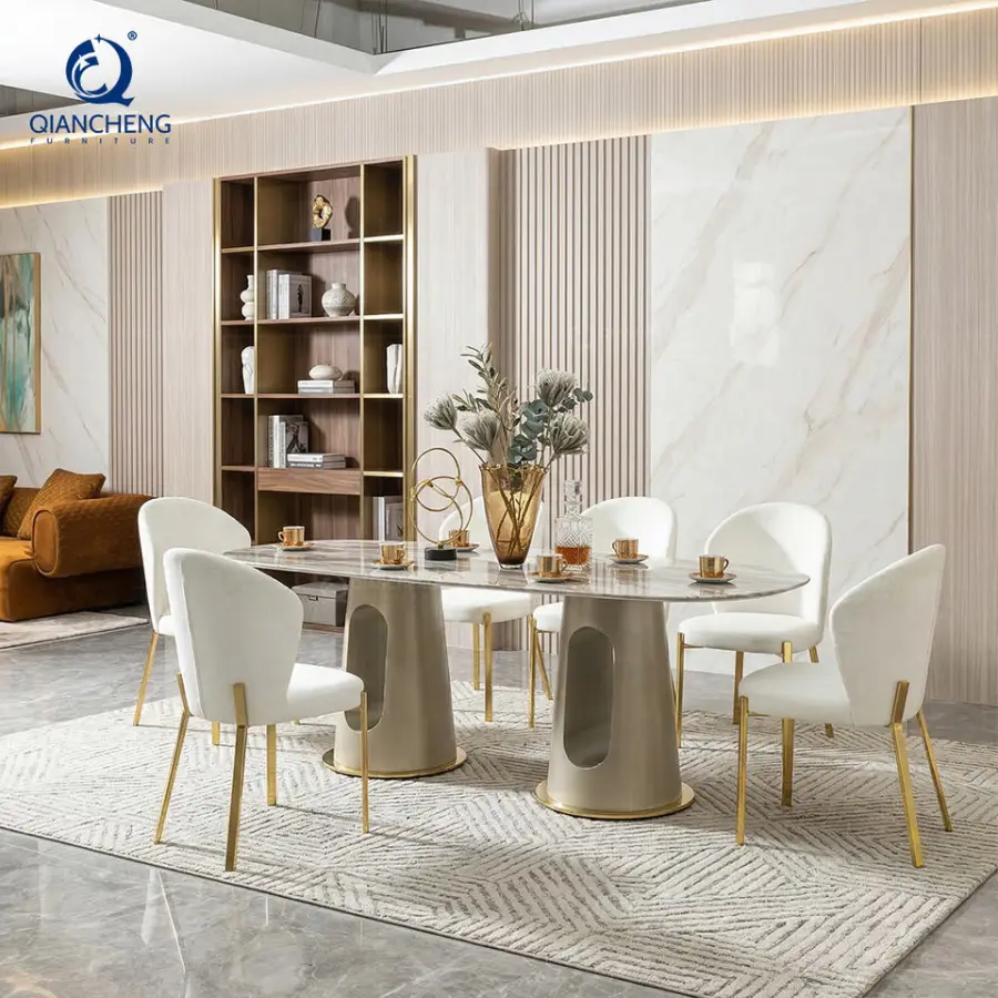 Wholesale Nordic White Marble Top Stainless Steel Dining Table Restaurant Luxury Gold Dining 4 Chairs and Tables Set — image 4