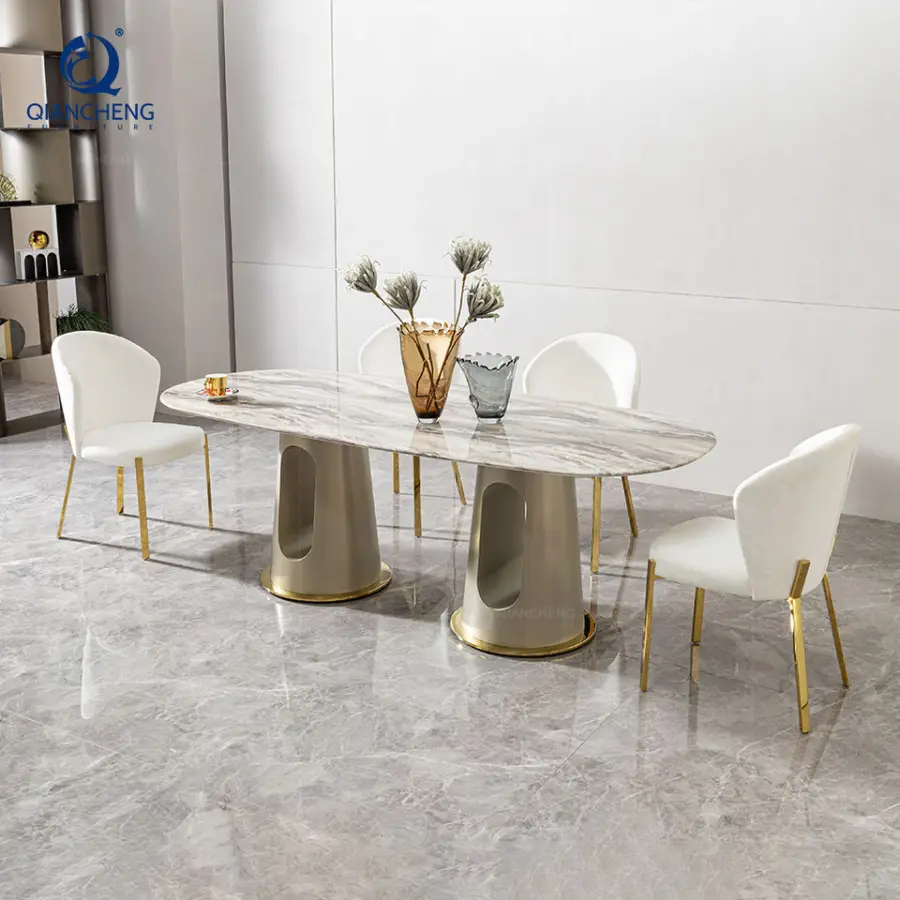 Wholesale Nordic White Marble Top Stainless Steel Dining Table Restaurant Luxury Gold Dining 4 Chairs and Tables Set — image 5