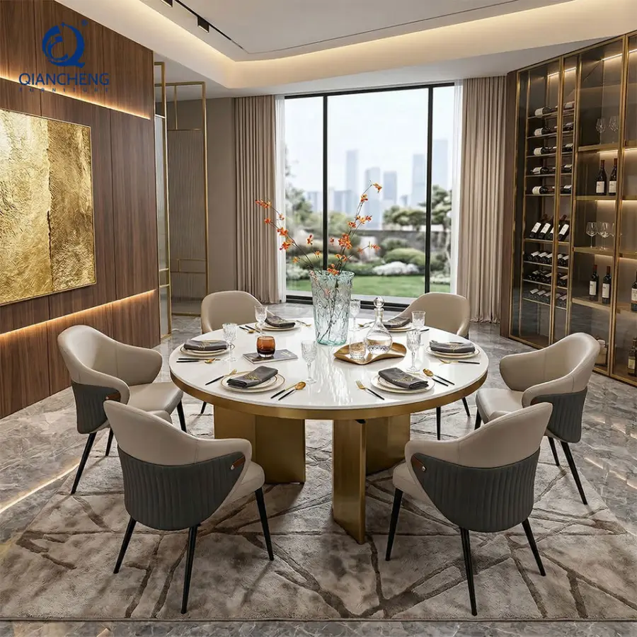QIANCHENG Restaurant Marble Kitchen Stainless Steel Dinning Room Table Furniture 6 Seater With Leather Chair Dining Tabl — view 1