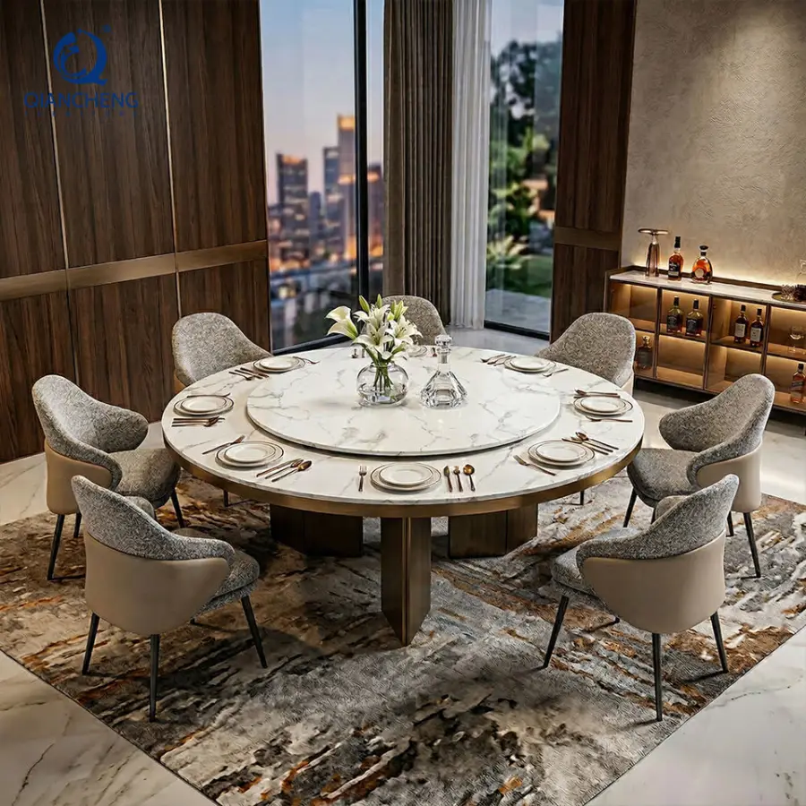 QIANCHENG Restaurant Marble Kitchen Stainless Steel Dinning Room Table Furniture 6 Seater With Leather Chair Dining Table Set — image 3