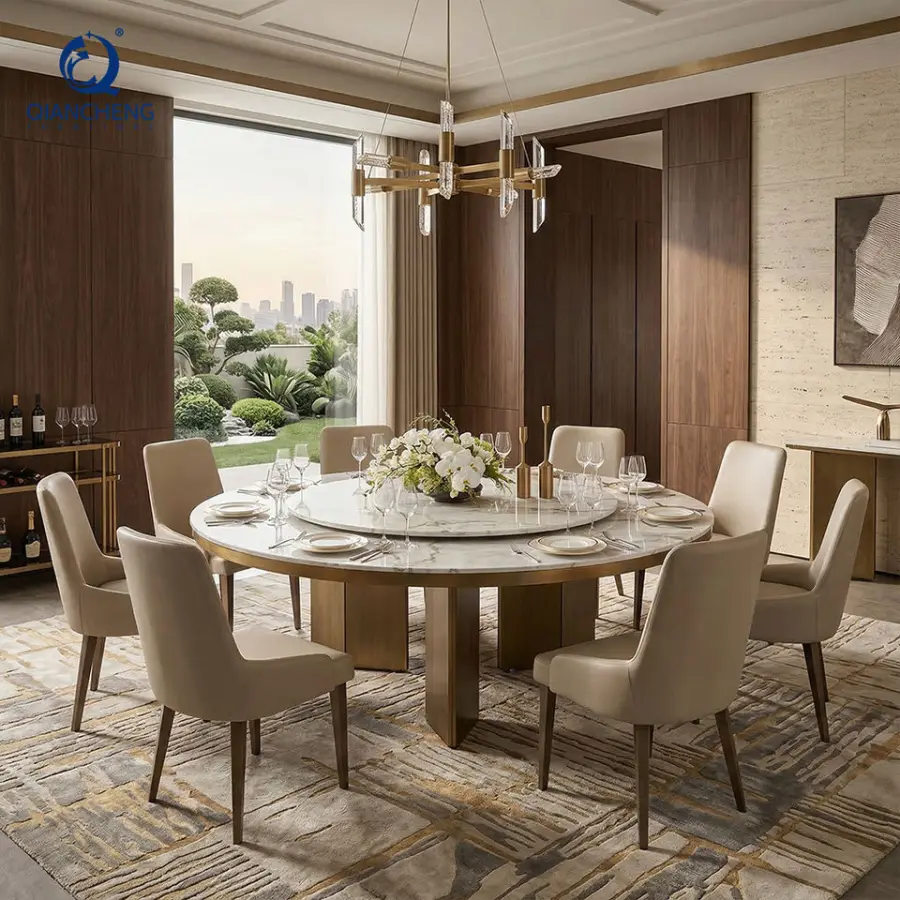QIANCHENG Restaurant Marble Kitchen Stainless Steel Dinning Room Table Furniture 6 Seater With Leather Chair Dining Table Set — image 4