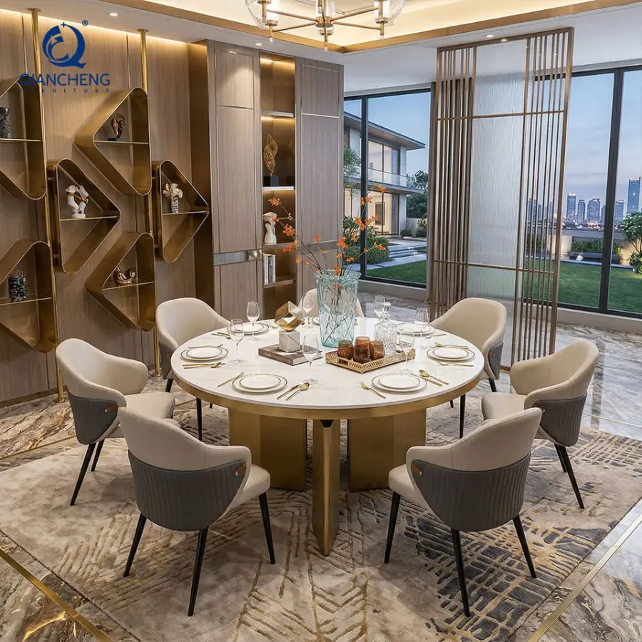 QIANCHENG Restaurant Marble Kitchen Stainless Steel Dinning Room Table Furniture 6 Seater With Leather Chair Dining Table Set — image 5