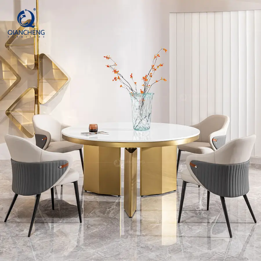 QIANCHENG Restaurant Marble Kitchen Stainless Steel Dinning Room Table Furniture 6 Seater With Leather Chair Dining Table Set — image 6