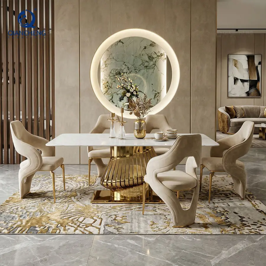 QIANCHENG New Design Full Dining Table Set Indoor Glamour 4 6 8 12 Seats Italian Furniture Composite Marble Dinning Hall Set — image 3