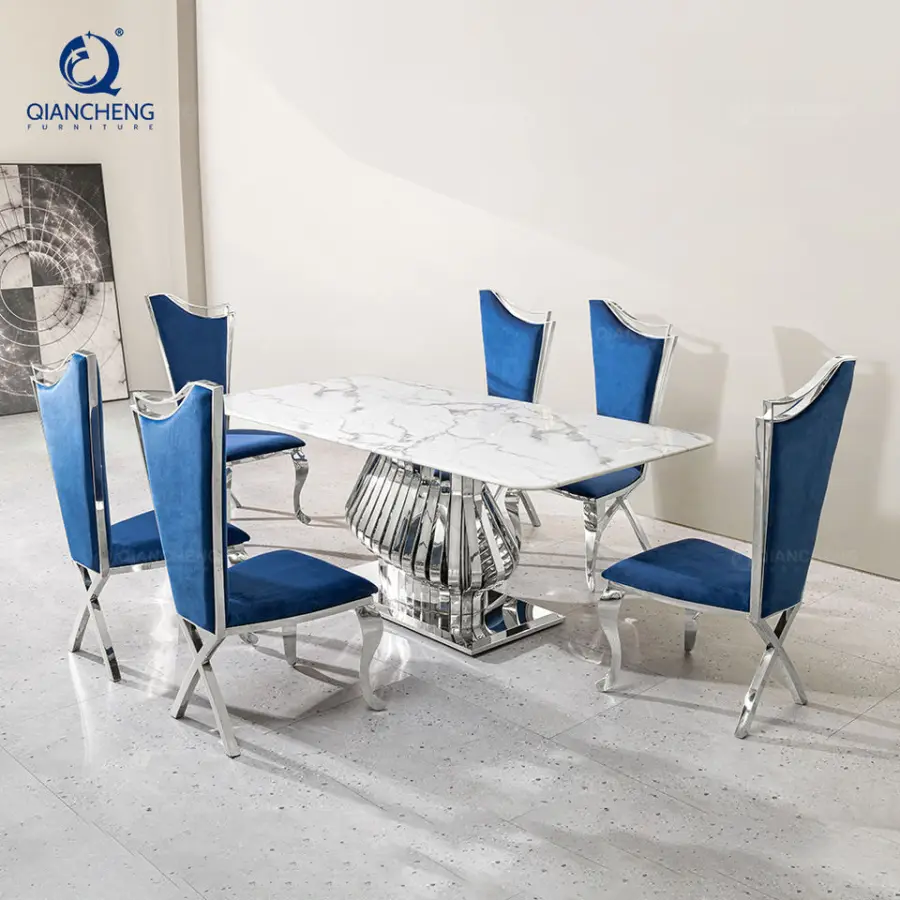 QIANCHENG New Design Full Dining Table Set Indoor Glamour 4 6 8 12 Seats Italian Furniture Composite Marble Dinning Hall Set — image 4