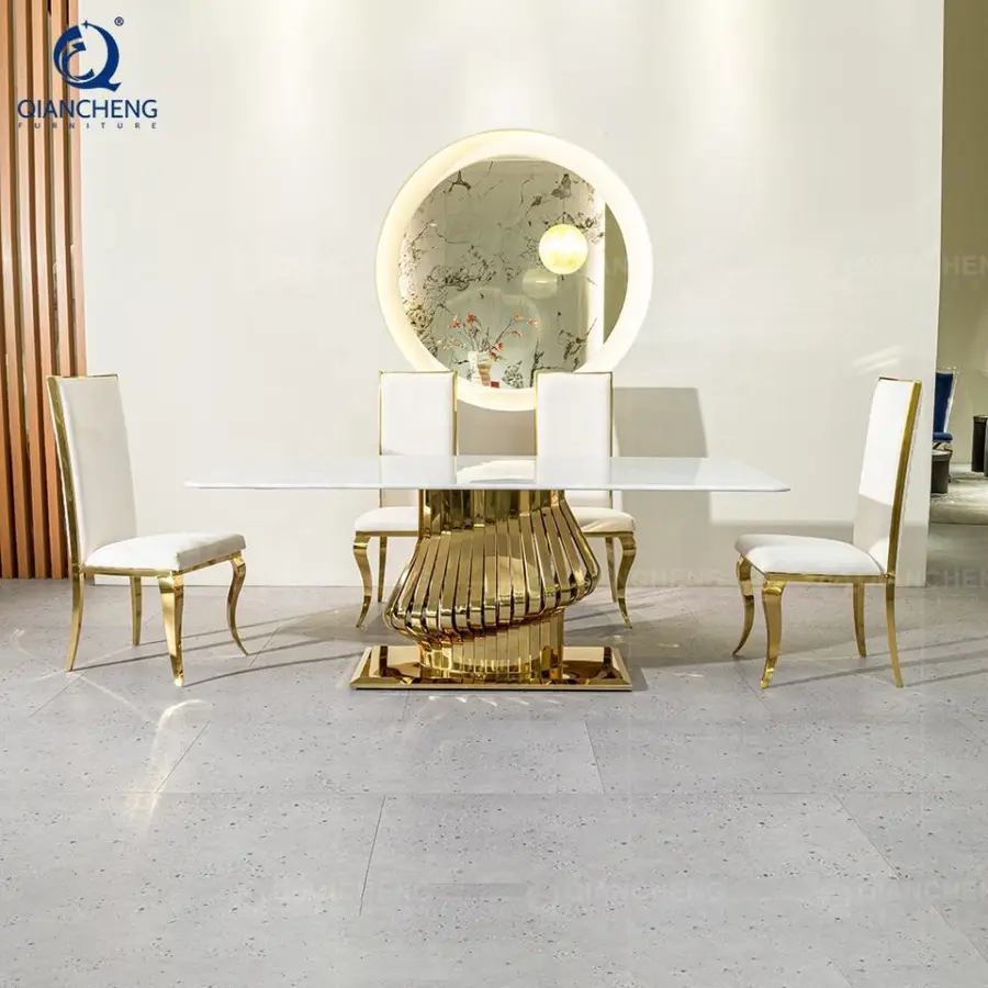 QIANCHENG New Design Full Dining Table Set Indoor Glamour 4 6 8 12 Seats Italian Furniture Composite Marble Dinning Hall Set — image 5