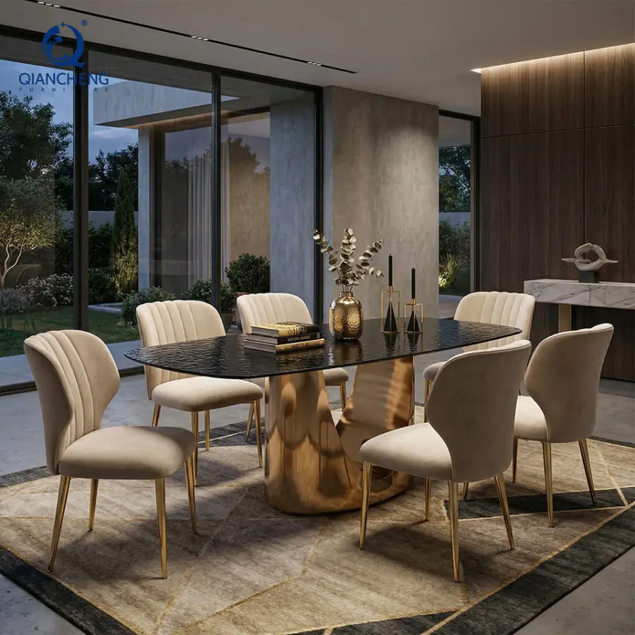 Foshan Supplier Luxury Home Modern Dinner Furniture Large Grey Artificial Marble Dining Table Set 6 Chairs — image 3