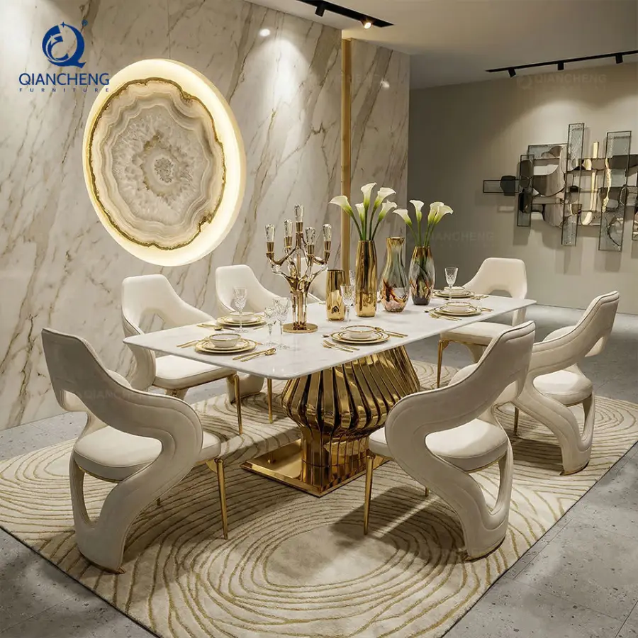 QIANCHENG New Design Full Dining Table Set Indoor Glamour 4 6 8 12 Seats Italian Furniture Composite Marble Dinning Hall Set — image 6