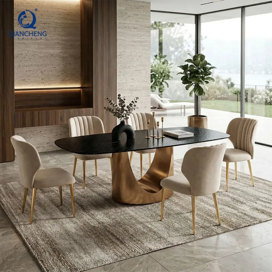 Foshan Supplier Luxury Home Modern Dinner Furniture Large Grey Artificial Marble Dining Table Set 6 Chairs — image 5