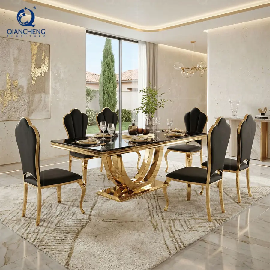 Rectangle White Marble Top Dining Table Set 8 Seaters Furniture — image 3