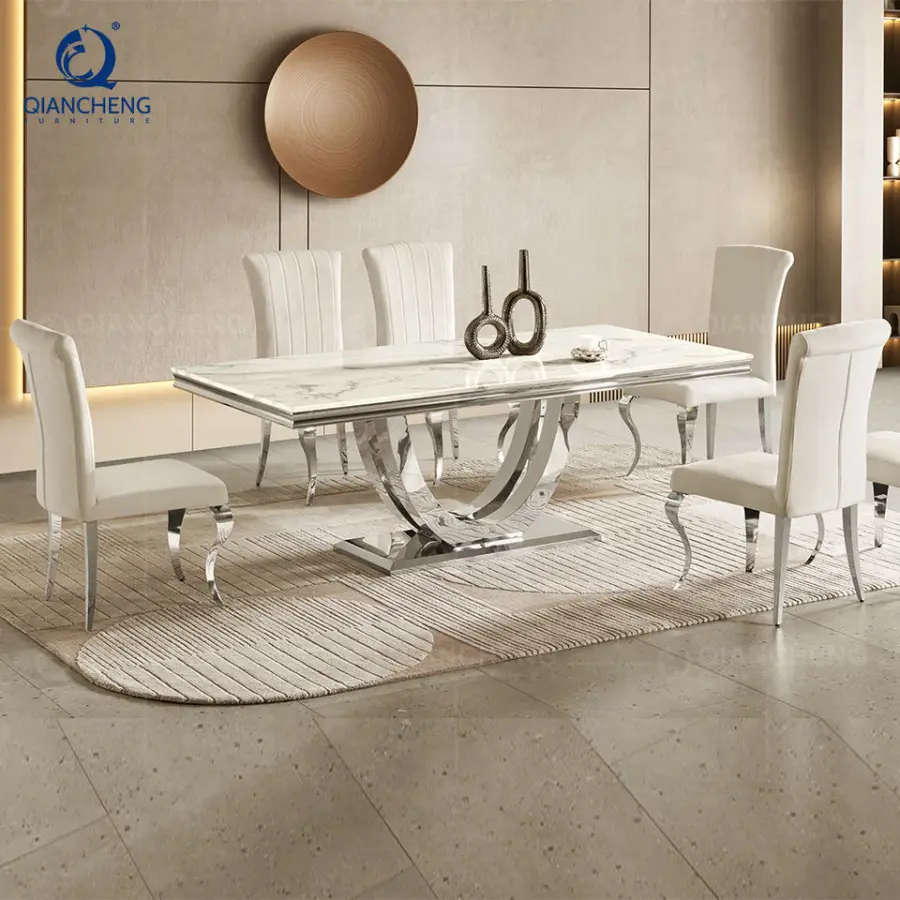 Rectangle White Marble Top Dining Table Set 8 Seaters Furniture — image 4
