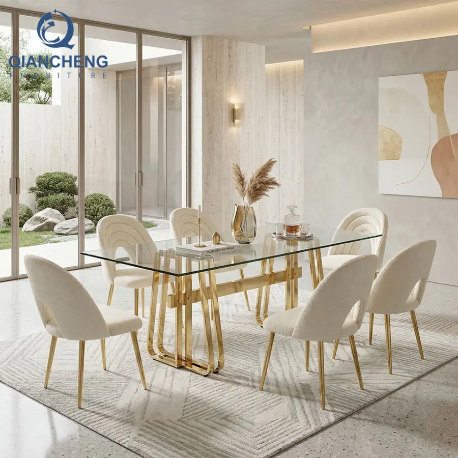 QIANCHENG Oem Supplier Modern Marble Dinning Room Sets 6 Chairs Furniture Luxury Steel Dining Table Set — image 3