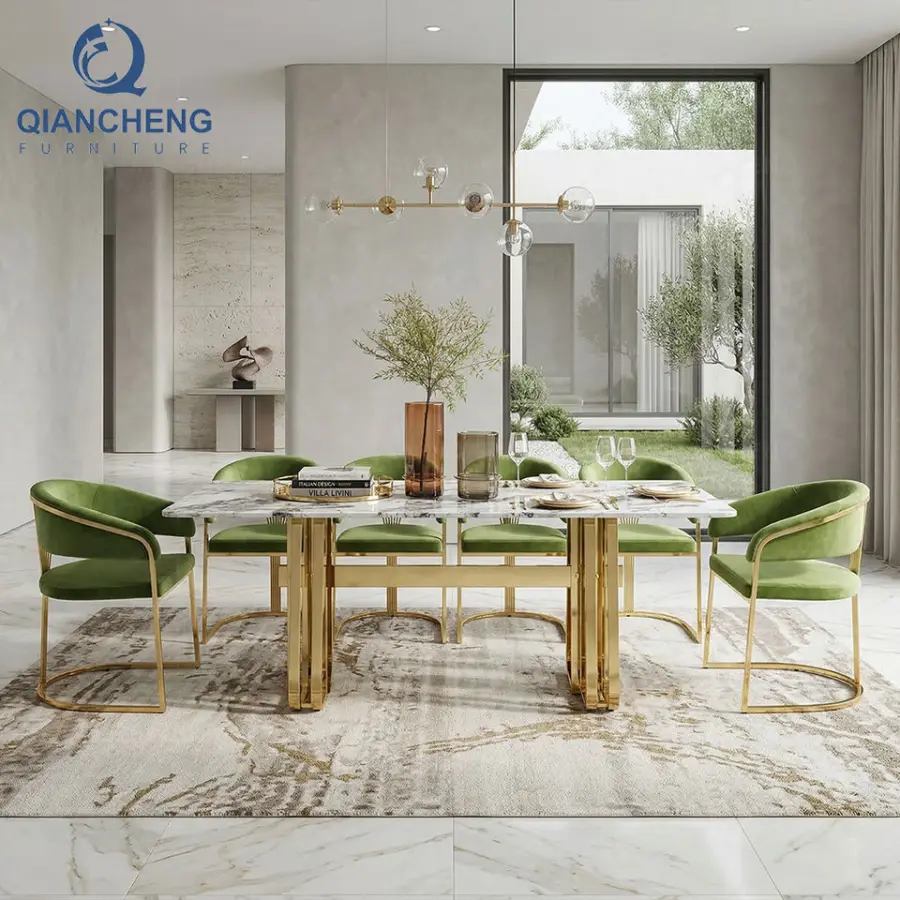 QIANCHENG Oem Supplier Modern Marble Dinning Room Sets 6 Chairs Furniture Luxury Steel Dining Table Set — image 4