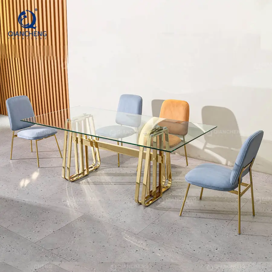 QIANCHENG Oem Supplier Modern Marble Dinning Room Sets 6 Chairs Furniture Luxury Steel Dining Table Set — image 5