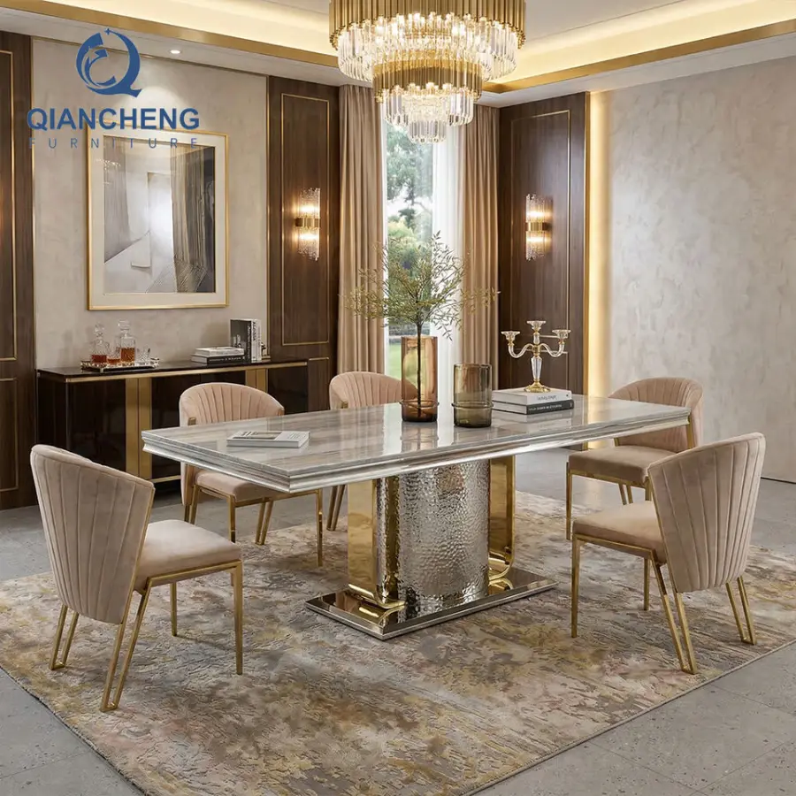 QIANCHENG Foshan Factory Nordic Modern 4 6 8 12 Seat Marble Stone Dinning Eettafel Esstisch Luxury Dining Table Furniture — image 4