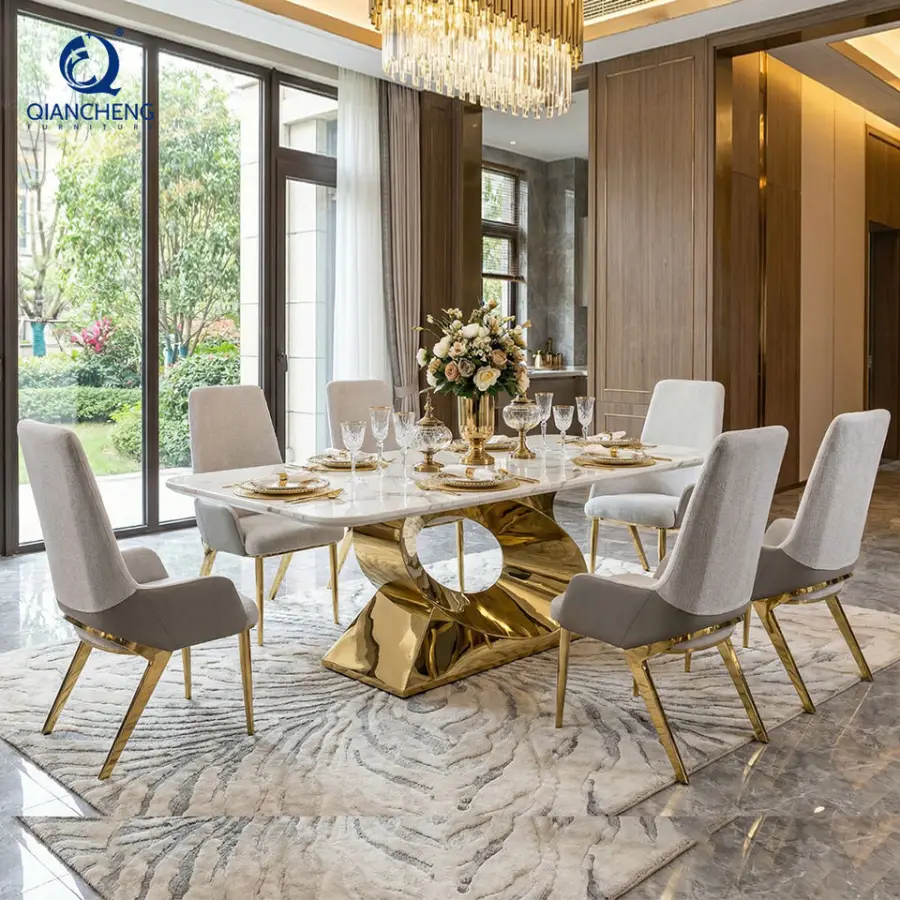 QIANCHENG Latest Design Modern European Style Dinning Tables Wholesale Price Fancy Real Natural Stone Dining Table Set — view 1