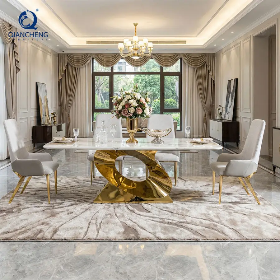 QIANCHENG Latest Design Modern European Style Dinning Tables Wholesale Price Fancy Real Natural Stone Dining Table Set — image 3