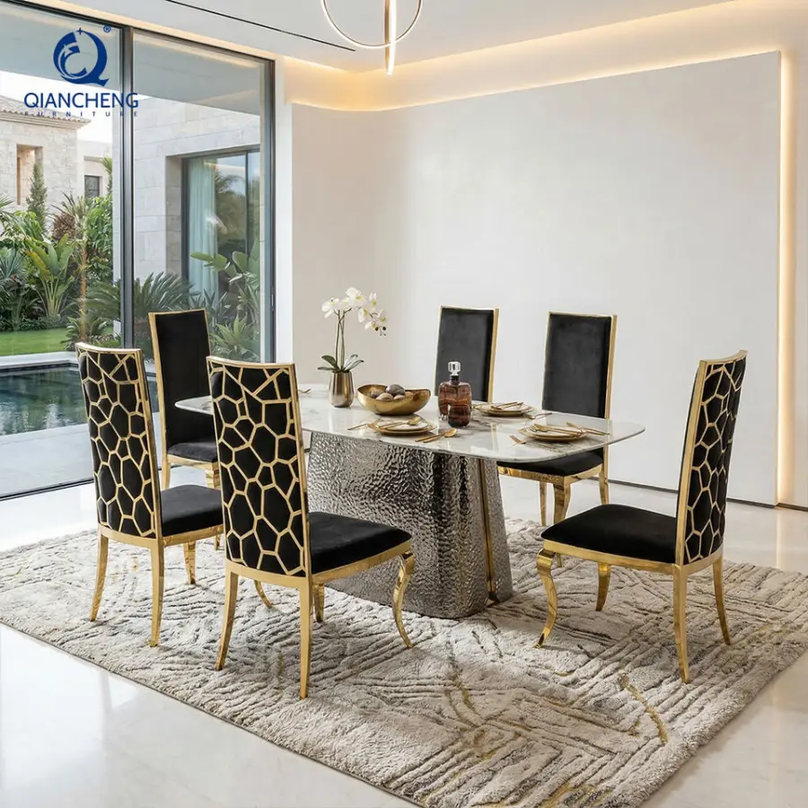Custom Made Hand Craft Stainless Steel Dining Table for 10 People Turkish Furniture Dubai Artificial Marble Top Dining T — view 1