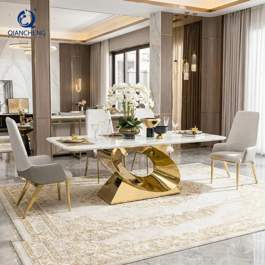 QIANCHENG Latest Design Modern European Style Dinning Tables Wholesale Price Fancy Real Natural Stone Dining Table Set — image 4