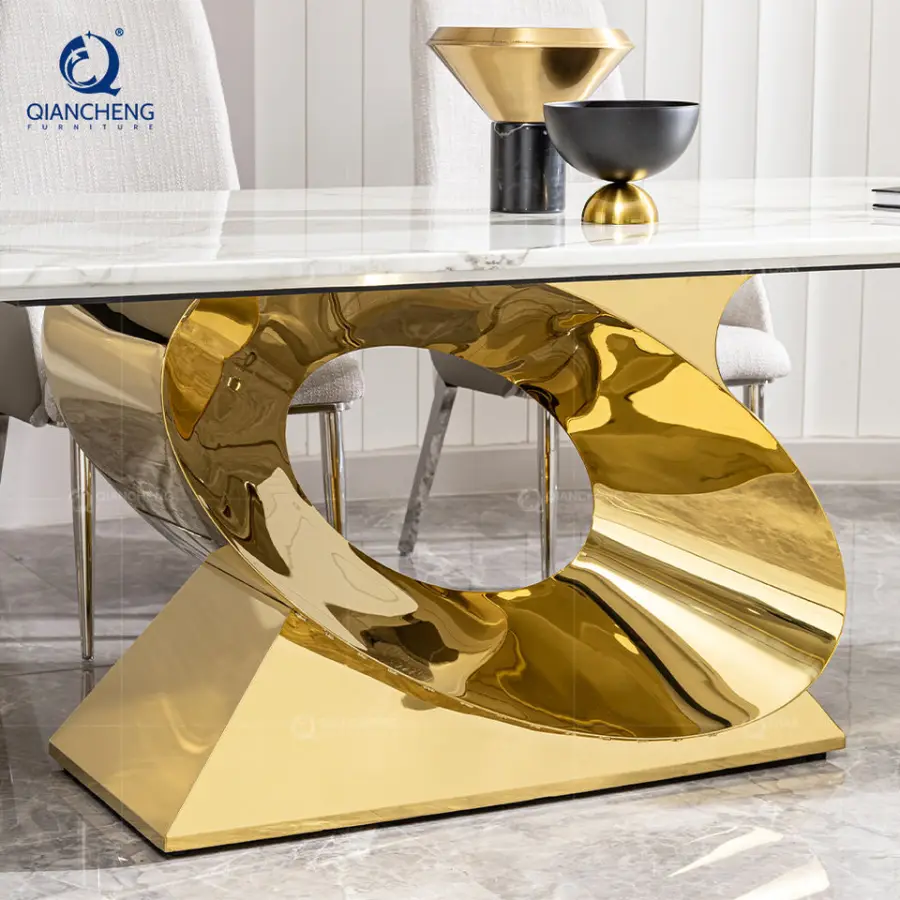 QIANCHENG Latest Design Modern European Style Dinning Tables Wholesale Price Fancy Real Natural Stone Dining Table Set — image 5
