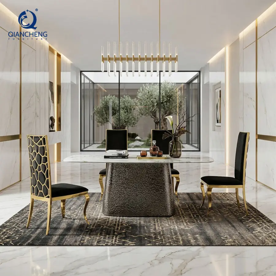 Custom Made Hand Craft Stainless Steel Dining Table for 10 People Turkish Furniture Dubai Artificial Marble Top Dining Table — image 3