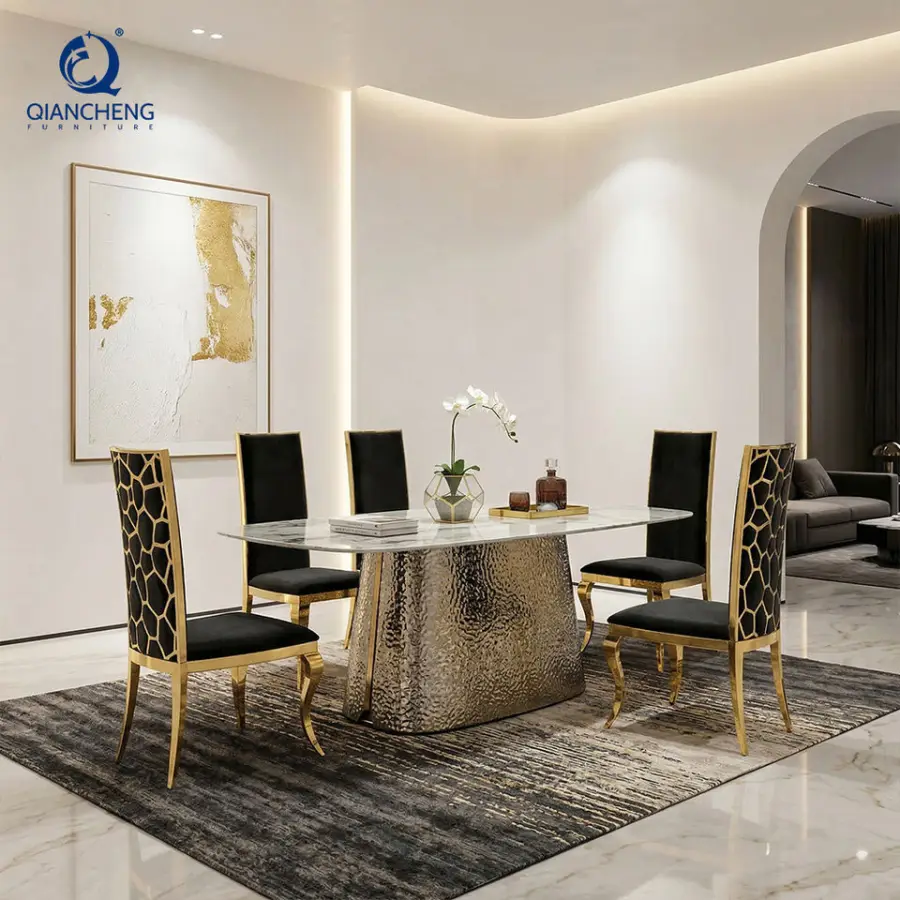Custom Made Hand Craft Stainless Steel Dining Table for 10 People Turkish Furniture Dubai Artificial Marble Top Dining Table — image 4