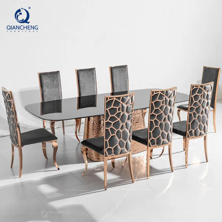 Custom Made Hand Craft Stainless Steel Dining Table for 10 People Turkish Furniture Dubai Artificial Marble Top Dining Table — image 5