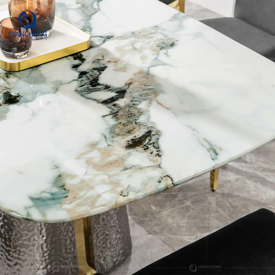 Custom Made Hand Craft Stainless Steel Dining Table for 10 People Turkish Furniture Dubai Artificial Marble Top Dining Table — image 6