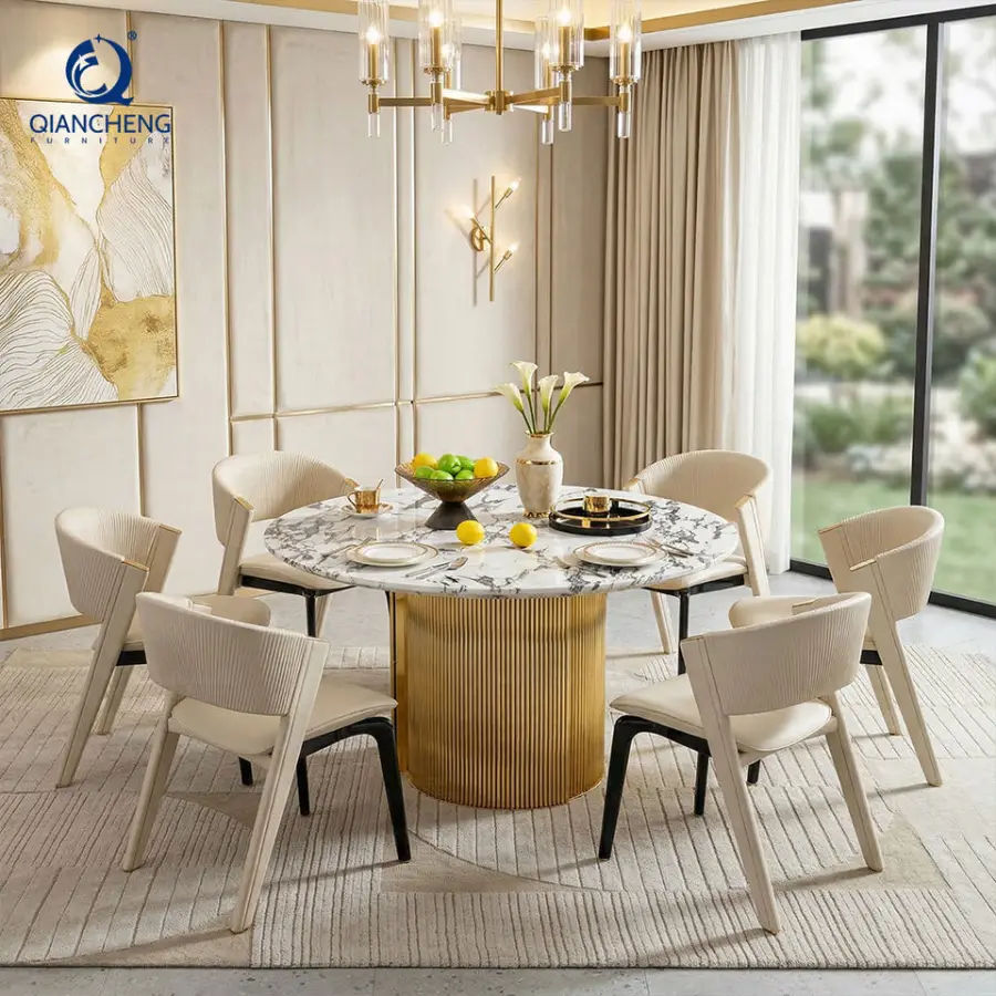 Nordic Designer Modern Round Gold Dining Table and Leather Chair Luxury Villa Style Customized Table for Apartment or Ho — view 1