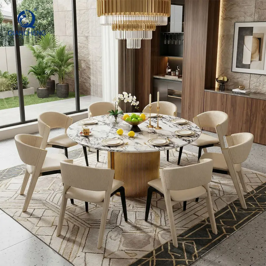 Nordic Designer Modern Round Gold Dining Table and Leather Chair Luxury Villa Style Customized Table for Apartment or Hotel Use — image 3