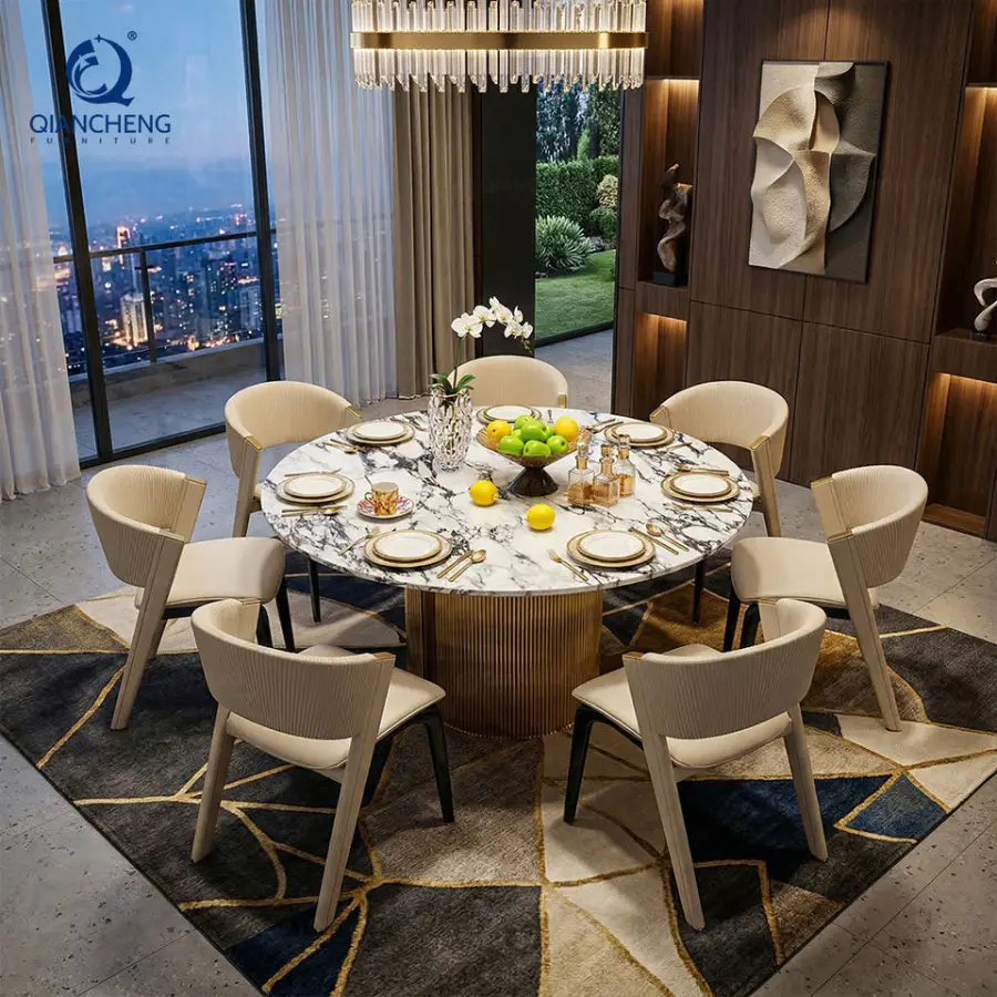 Nordic Designer Modern Round Gold Dining Table and Leather Chair Luxury Villa Style Customized Table for Apartment or Hotel Use — image 4