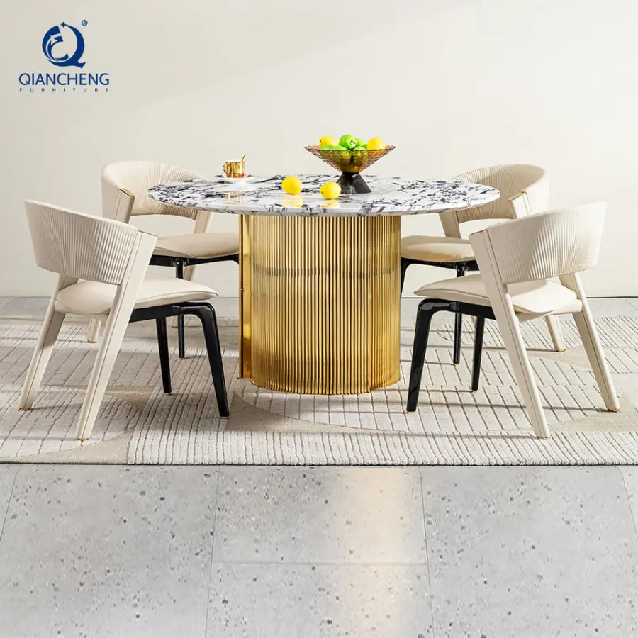Nordic Designer Modern Round Gold Dining Table and Leather Chair Luxury Villa Style Customized Table for Apartment or Hotel Use — image 5
