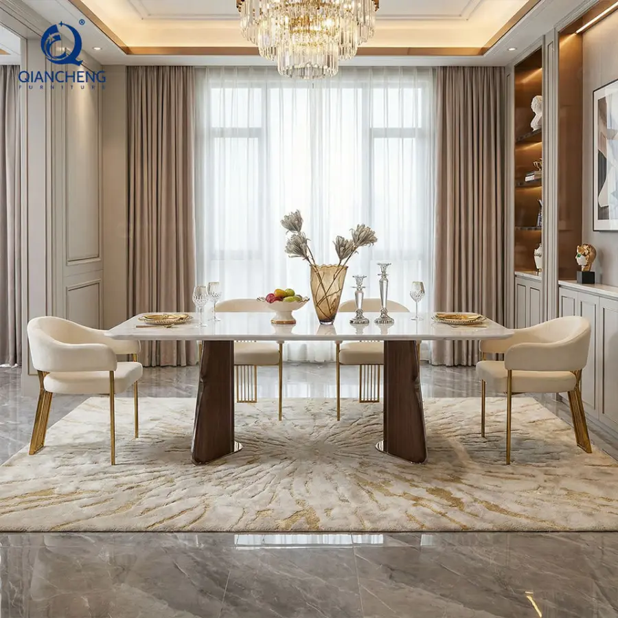 Factory Direct Modern Large Design Patent Wood Dining Set OEM Luxury Custom New Design Marble Dining Table Apartment Furniture — image 3