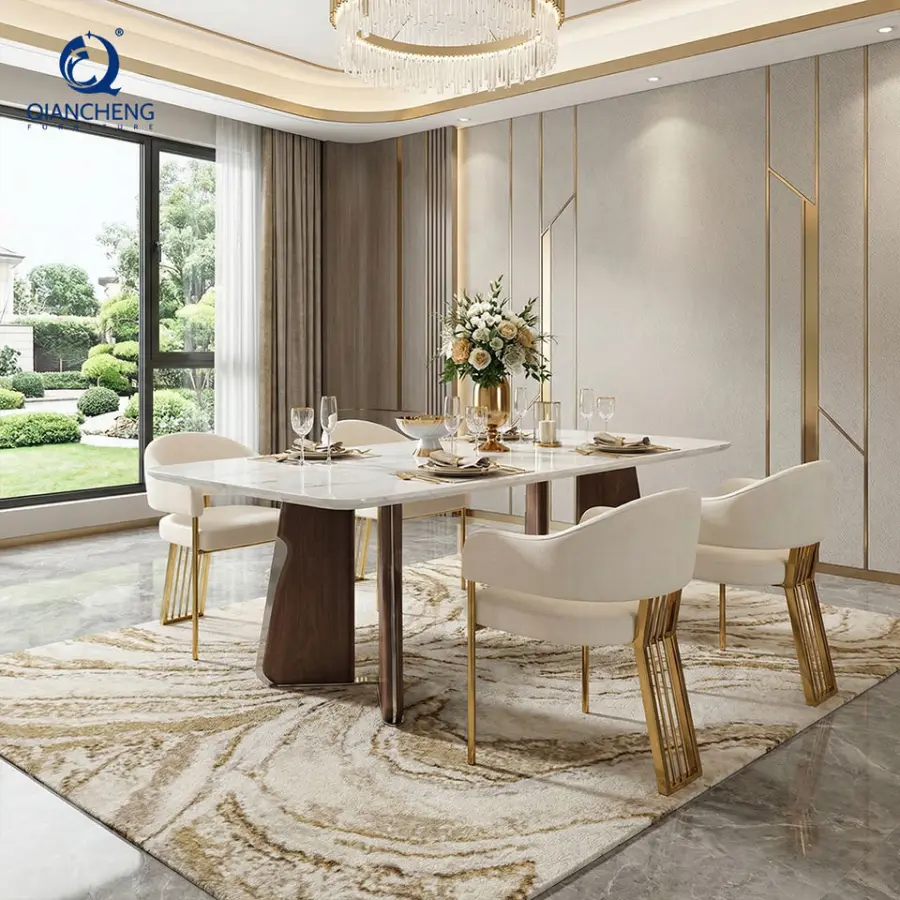 Factory Direct Modern Large Design Patent Wood Dining Set OEM Luxury Custom New Design Marble Dining Table Apartment Furniture — image 4