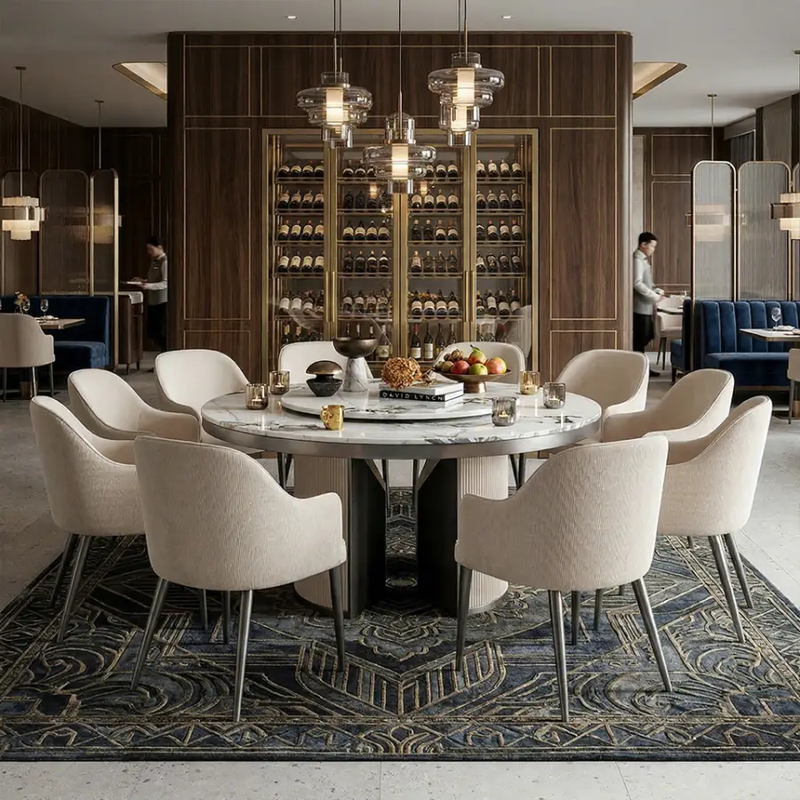 Italian Style Luxury Leather Dining Table Set Home Furniture Marble Stone Round Table with Turntable High-end Restaurant — view 1