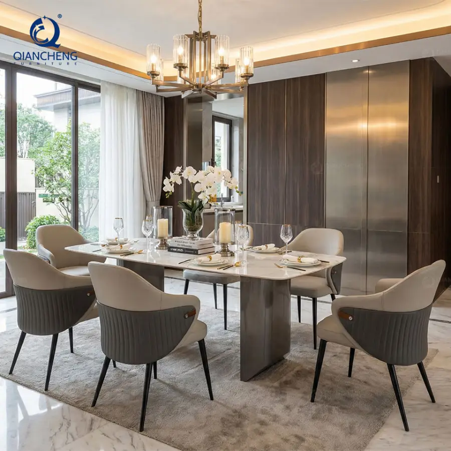 Artificial White Marble Laminate Ss Furniture 6 Seater Long Dyning Room Furniture Set Modern Dining Table — view 1
